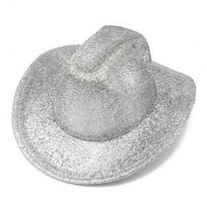 Sparkling silver sequin cowboy hat for parties featuring a wide brim and metallic finish