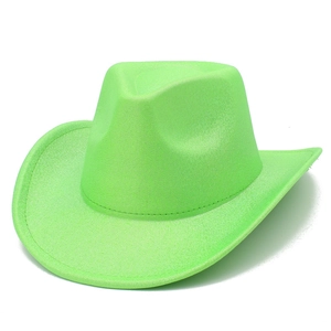 Detailed view of neon green glitter cowboy hat with wide brim and decorative trim