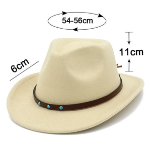 Detailed view of beige felt cowboy hat with leather band, turquoise studs and size specs