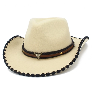 Sombrero Fedora Western Cowboy Con Decoración De Cabeza De Toro De Metal Banda De Cuero Borde De Pespunte Vintage Fieltro