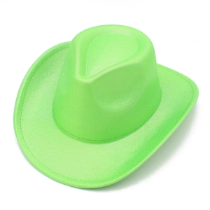 Detail view of neon green cowboy hat with textured surface and stitched brim for party wear
