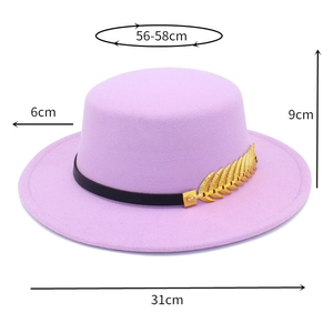 Detailed size chart of lavender boater hat with gold leaf and black band ornament