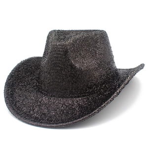 Close-up of black sequined western cowboy hat featuring shimmering metallic woven texture