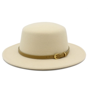 Close-up of cream wool fedora hat featuring flat top design and buckled leather band