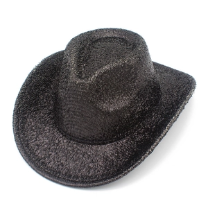Detail of black sequined cowboy hat showing dense woven texture and cattleman crown style