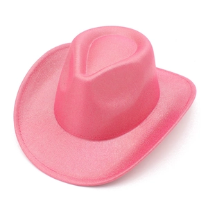 Close-up of bright pink cowboy hat with a shimmering glitter finish and classic dented crown