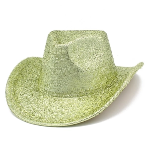 Detail view of light green sequin cowboy hat with metallic glitter woven texture
