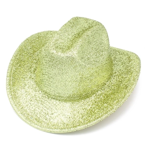 Top view of a light green glitter cowboy hat with wide brim for party performances