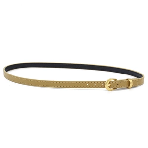 Close-up of khaki leather belt with a gold alloy buckle and neat stitching details