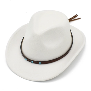 White felt western cowboy hat for children with brown leather band and turquoise studs
