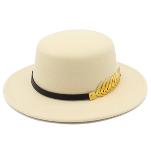 Flat top cream wool fedora hat with black leather band and gold leaf accent