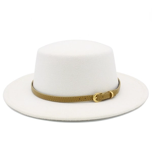 Detailed close-up of a white wool felt flat-top hat featuring a tan leather belt strap