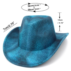 Details zum blaugrünen Vintage-Cowboyhut mit Maßen: 56-58cm Kopfumfang, 7cm Rand und 12cm Höhe