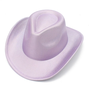 Macro view of purple holographic glitter finish and wide brim on this cowboy hat
