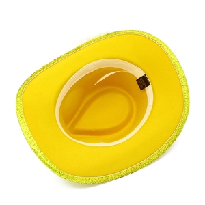 Detail of yellow fedora interior showing the light sweatband and sequin brim edge