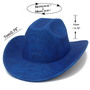 Detailed size specifications of the royal blue western cowboy hat with a 7cm wide brim