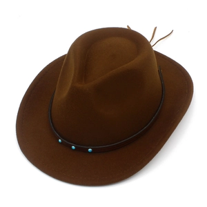 Dark brown kids western cowboy hat with wide brim and turquoise bead accents on leather band