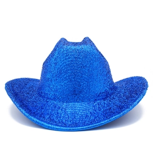 Detail of blue sequined cowboy hat showing metallic sparkles and Western style curves