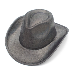 Detailed top view of a silver metallic western cowboy hat with sparkling grain texture