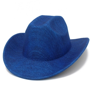 Detail of blue western cowboy hat showing premium woven texture and stylish curved brim