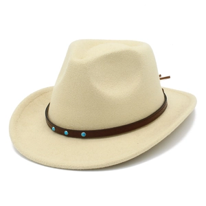 Detail of cream Western felt hat featuring a brown leather band and turquoise bead accents