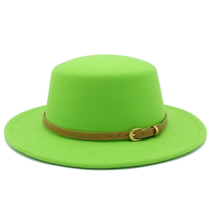 Detailed close-up of a bright green wool fedora hat featuring a brown faux leather belt strap