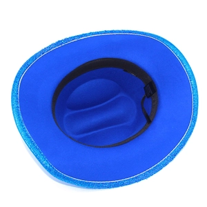 Detailed view of the blue sequin cowboy hat interior with 65% cotton washing label