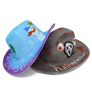 Blue Christmas and grey Halloween themed decorative cowboy hats with festive prints