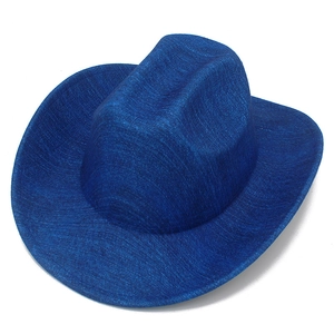 Classic bright blue western cowboy hat with glossy textured stripes and pinched crown