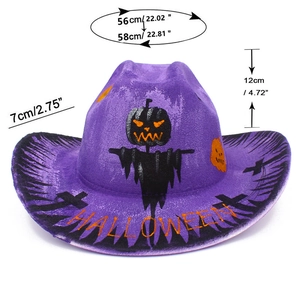 Detail of purple Halloween cowboy hat showing skull pumpkin graphics and size dimensions