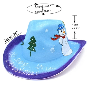 Detailed view of blue Christmas cowboy hat with snowman pattern and Merry Christmas text