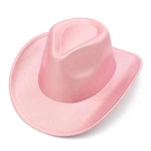 Sparkly pink western cowboy hat with metallic glitter finish and wide brim for parties