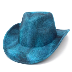 Detailseitenansicht eines blauen Cowboyhuts mit Marmortextur und geschwungener Krempe