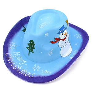 Detail of blue Christmas cowboy hat featuring hand-painted snowman and tree designs
