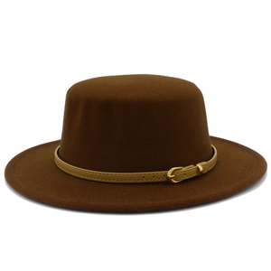 Detail view of the brown wool fedora hat featuring a vintage flat top and leather belt buckle