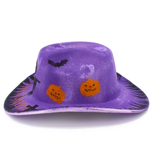 Detail view of purple Halloween cowboy hat with orange pumpkin and black bat prints