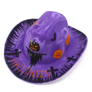 Detail view of purple Halloween cowboy hat with pumpkin and bat prints on felt material