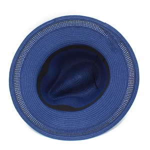 Detailed top view showing dark blue woven straw hat interior with black sweatband