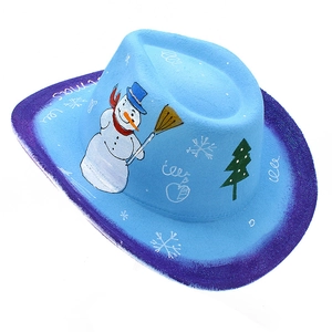 Detail of blue Christmas cowboy hat with snowman graffiti and purple glitter edge