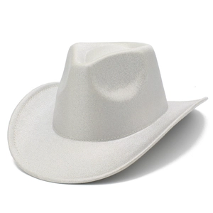 Detailed macro view of white western cowboy hat with glossy glitter finish and wide brim