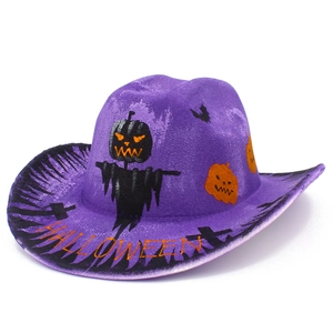 Purple Halloween Western cowboy hat with pumpkin, bat and scarecrow motifs on white background