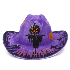 Detail of purple Halloween cowboy hat featuring pumpkin and graveyard silhouette prints