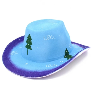 Blue Western cowboy hat with green Christmas tree patterns and snowflake details