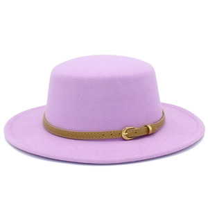 Elegant lavender wool felt boater hat with a brown leather belt and gold metal buckle