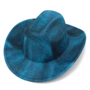 Detail of blue marble textured wide brim cowboy hat with fine fabric finish