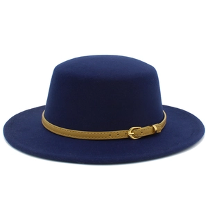 Detail of navy wool felt flat top fedora with brown leather band and gold metal buckle