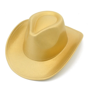 Top-down view of a metallic gold cowboy hat with shimmering texture and stitched brim detail