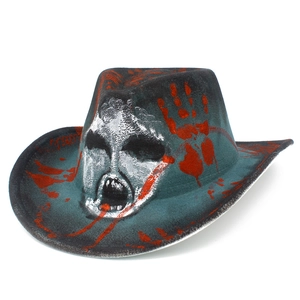 Ghostface Halloween cowboy hat with hand-painted red blood splatters and skull mask
