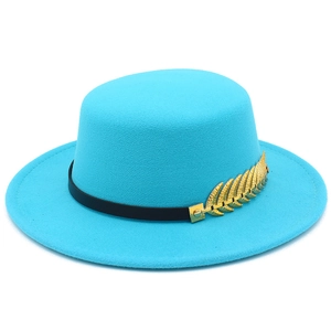 Detail view of sky blue wool felt boater hat with black leather strap and gold leaf accent