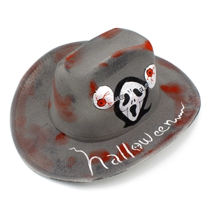 Macro detail of grey cowboy hat featuring Ghostface print and blood splatter texture